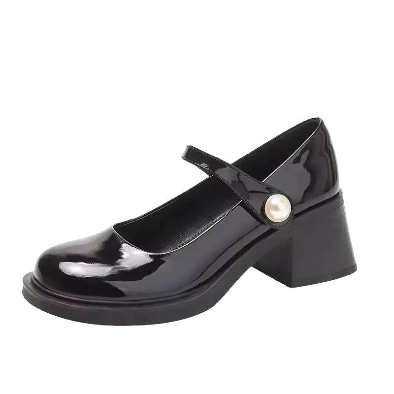 Versatile Round Head Thick Heel British Style Black Retro Small Leather Shoes for Women's New Shallow Mouth French Mary Jane Small Leather Shoe