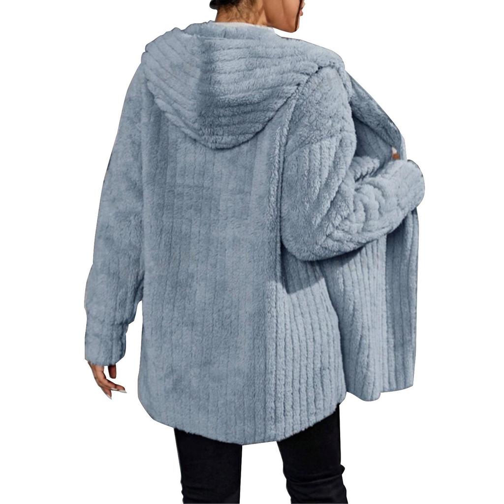 Women's Casual Fashion Comfortable Loose Autumn And Winter Warm Fashion Vertical Striped Plush Hooded Large Size Fashion Solid Color Coat
