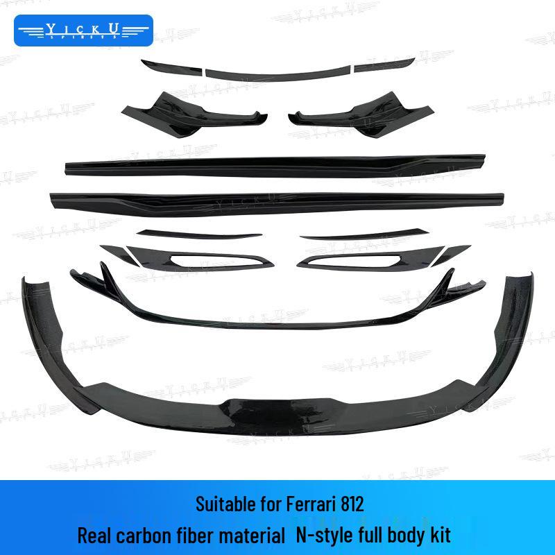 Fits Ferrari 812 N Models: Real Carbon Fiber Front Lip, Side Skirts, Center Lip, Rear Bumper Corners, Tail Wing Trim, Mirror Housings.