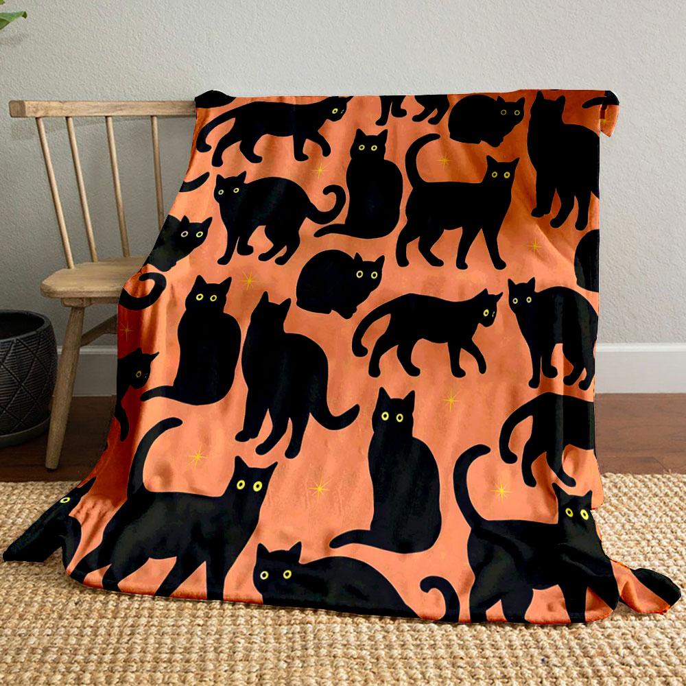 Black Cats on Orange Background Patterned blanket, flannel, suitable for all seasons, home decor, warm and cozy