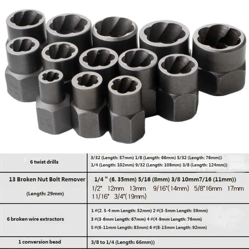 26PCS High Strength Carbon Steel Bolt Extractor Set For Broken Screw Studs Removal With Various Size From 2.5Mm To 19Mm