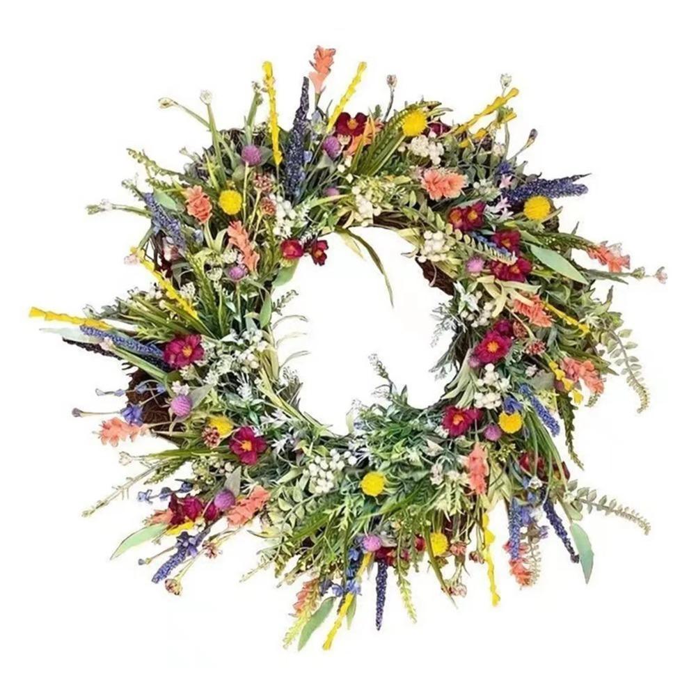 15.74 Colorful Wildflower Spring and Summer Wreath with Green Leaves, Artificial Wreath (Green, Size M)