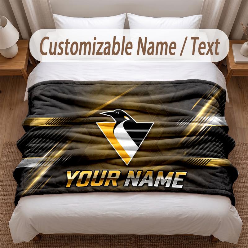 Pittsburgh Penguins Printed Flannel Blanket Custom Name Text Soft Warm Throw For Bedroom Holiday Gift