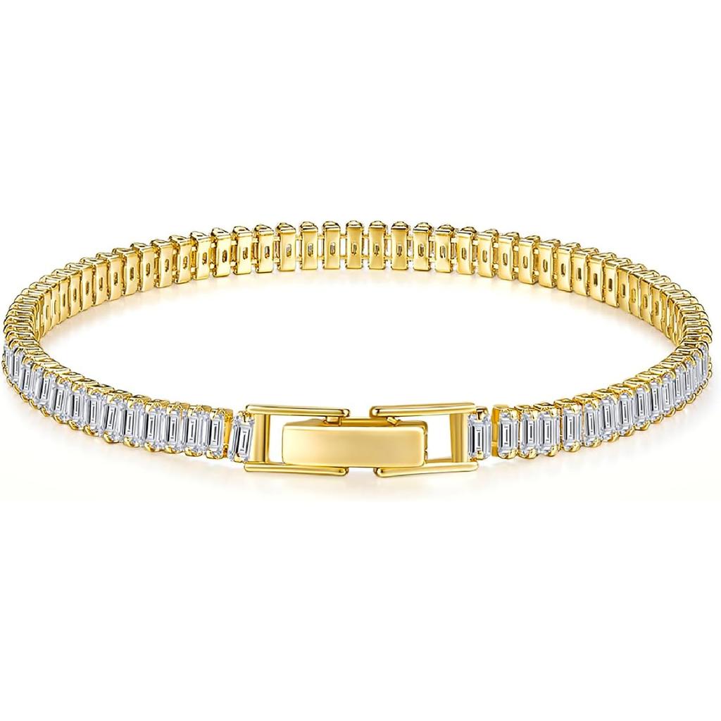 MINDDHA 14K Gold/White Gold Plated Cubic Zirconia Tennis Bracelet | Silver, Gold Bracelet for Women | Rectangle, Square, Round Shape CZ Stone | Width