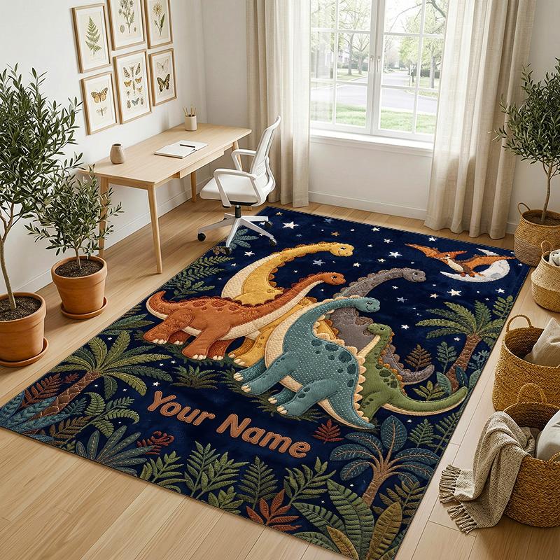 Dinosaur Theme Crystal Velvet Rug Personalized Custom Name Text Soft Floor Mat Home Decor