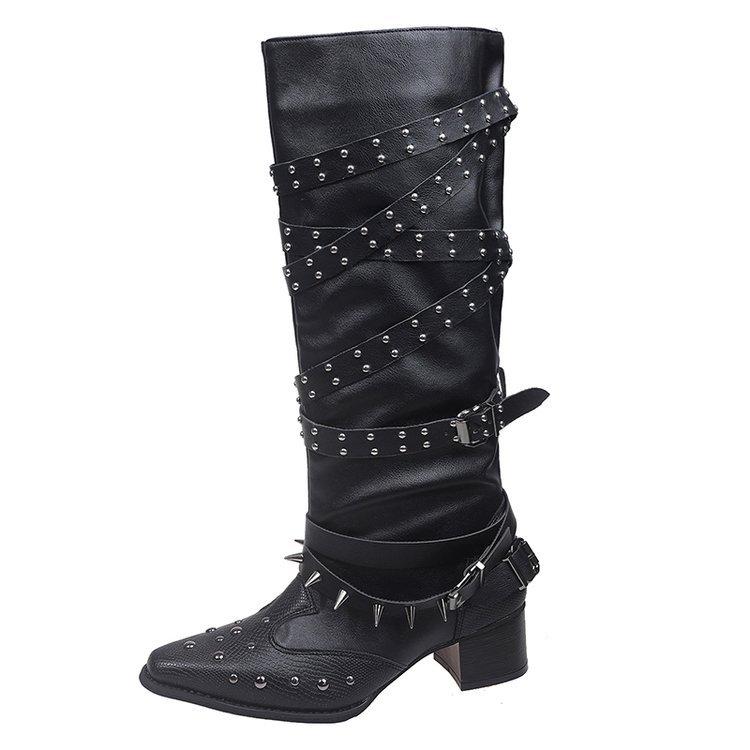 Riveted Pointed Knight Boots But Knee Boots Autumn New Punk Thick Heel Spice Girl Western Cowboy Boots