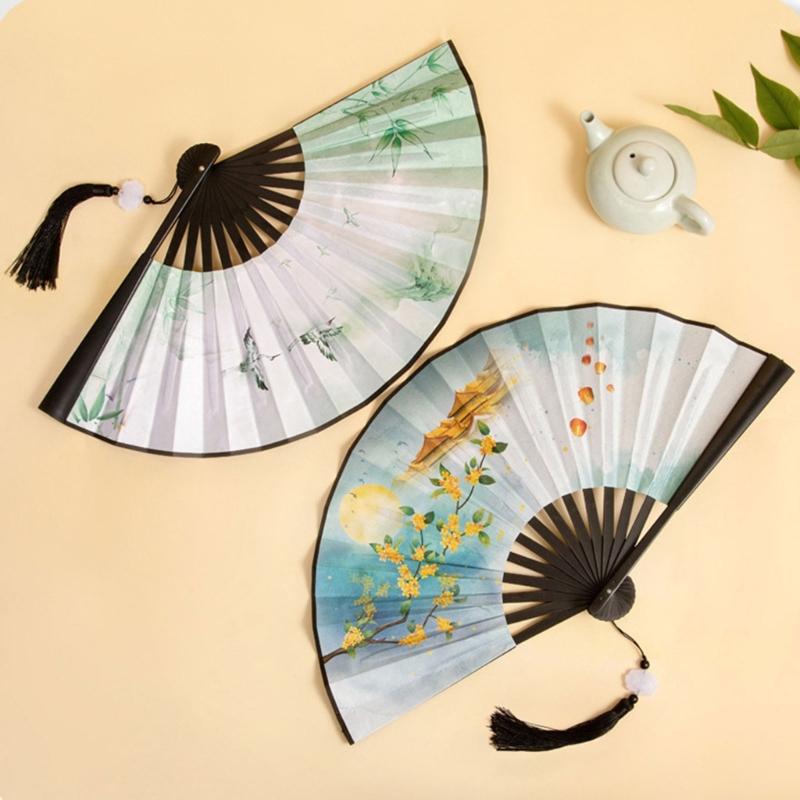 Chinese Double Sided Painting Folding Fan Vintage Handhelds Fan with Tassels Plastic Foldable Hand Fan for Parties