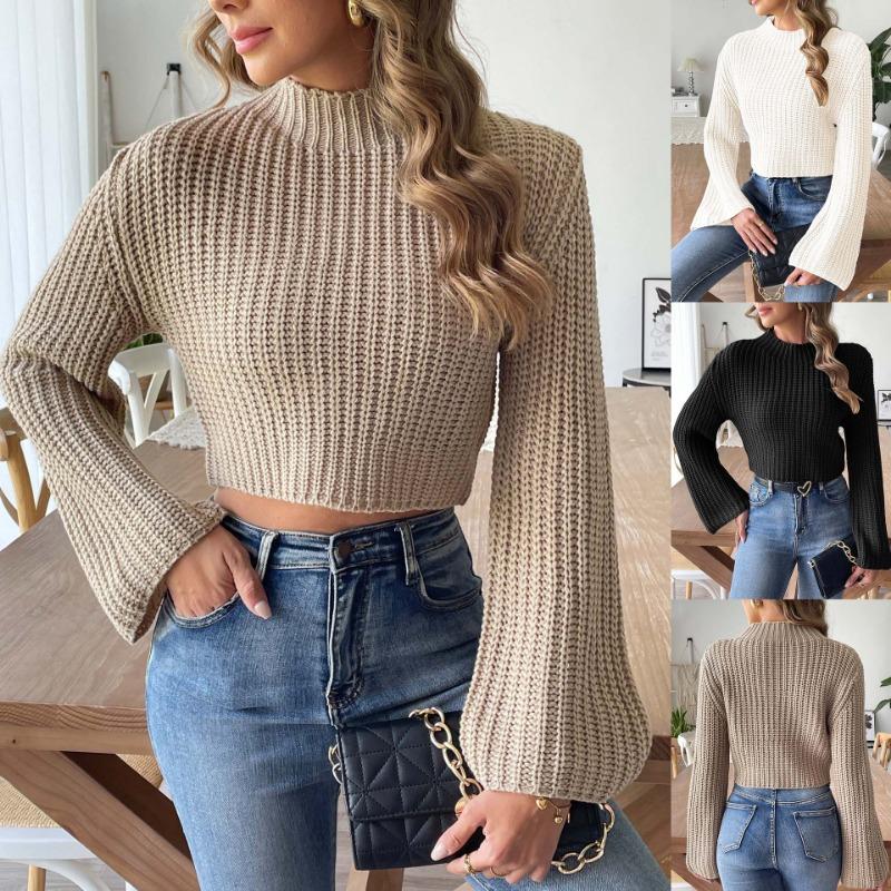 Women S Cropped Mock Neck Flared Sleeve Pullover Sweater