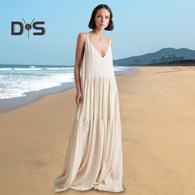 Lady Beach Dress Deep V Neck Loose A-line Patchwork Backless Sleeveless Pleated Vacation Strappy Dress Resort Wear Maxi Dress Floor Length Sundress