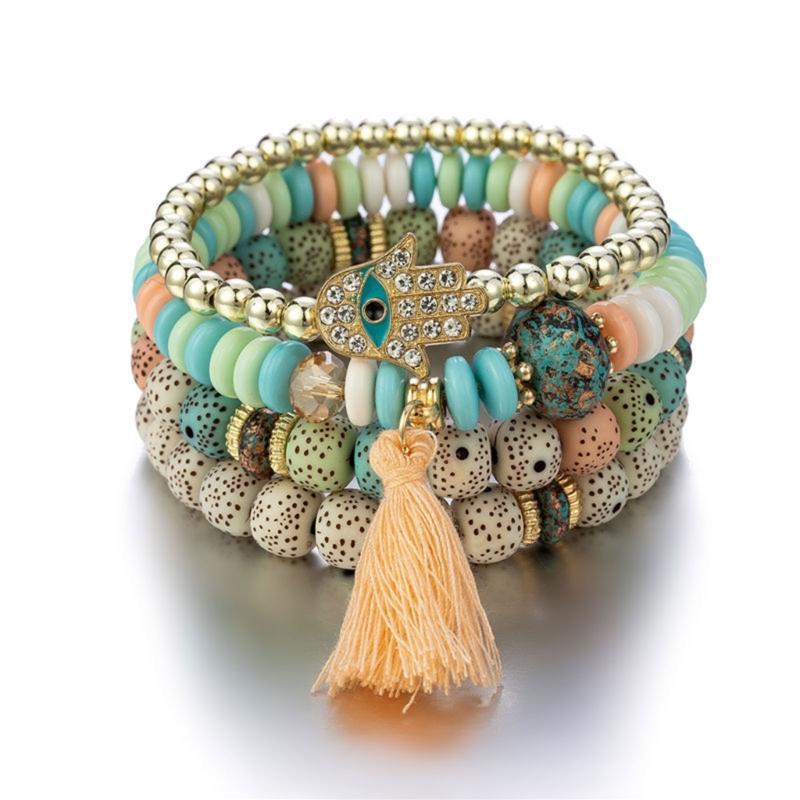 4Pcs Bohemian Styles Bracelet Set for Women with Crystal Hand Tassels Charm and Stone Beads Chain Stylish Outfits