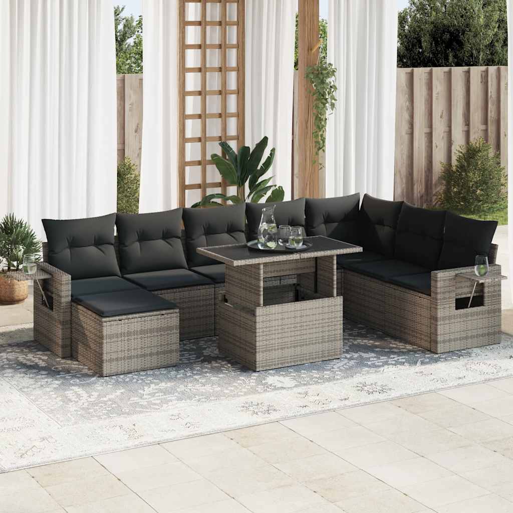 Vidaxl 9-Cz. Garden Furniture Set With Cushions, Grey, Poly Rattan
