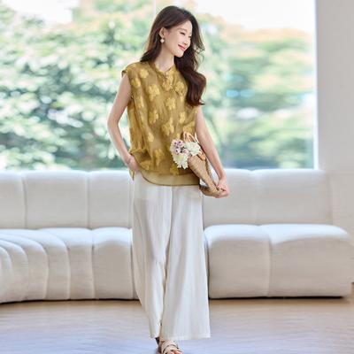 Xia's New Small Man Wears a Complete Set of Sleeveless Tops and Wide-leg Pants, and a Two-piece Suit for Women.
