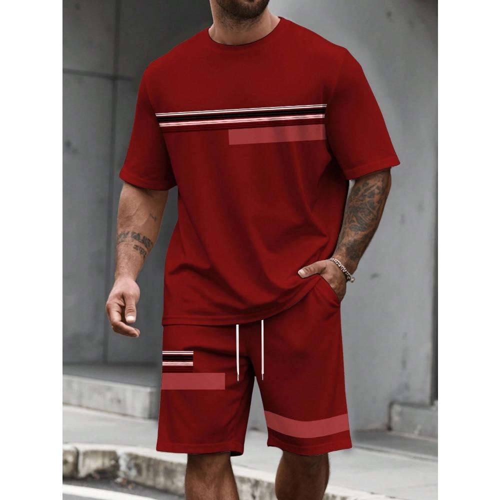 Casual Stripe Printed T-shirt Shorts Set Large Size Loose Men's Short Sleeve Tee Elastic Waist Shorts 2-piece Set Sports Clothes