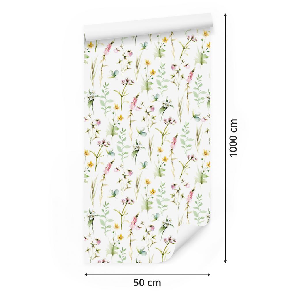 Watercolor Meadow Flowers and Leaves Wallpaper for Living Room and Bedroom 50x1000