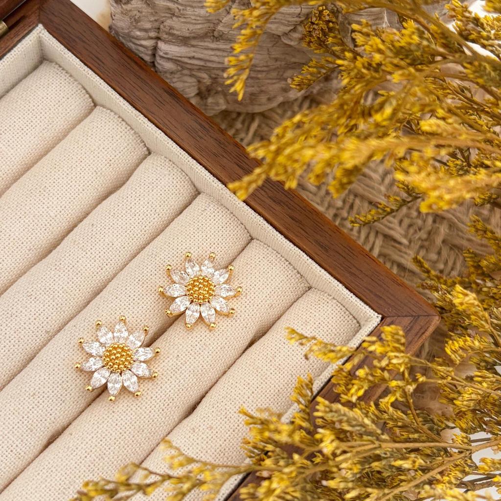 S925 Sterling Silver Sunflower Stud Earrings with Cubic Zirconia and Gold Ball Stamens for Everyday Wear