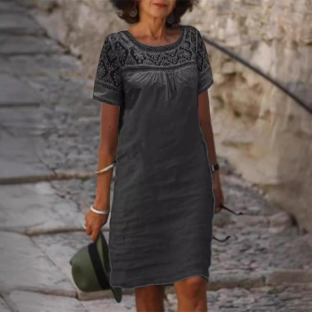Women's Spring/Summer Casual Lace-Panel Solid-Color Crew Neck Short-Sleeve Dress