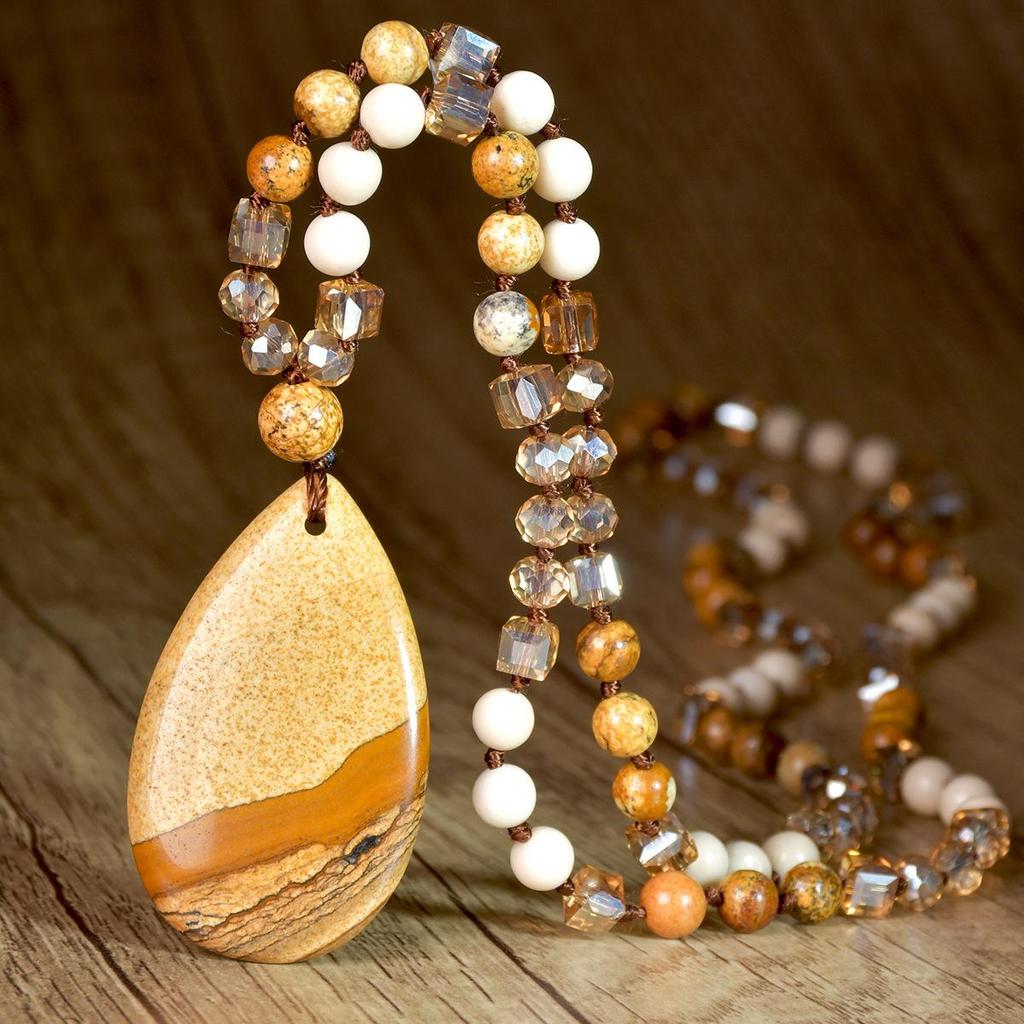 Women's Pink Crystal & Colorful Agate Water Drop Necklace: Handmade Knotted Sweater Chain with European and American Style