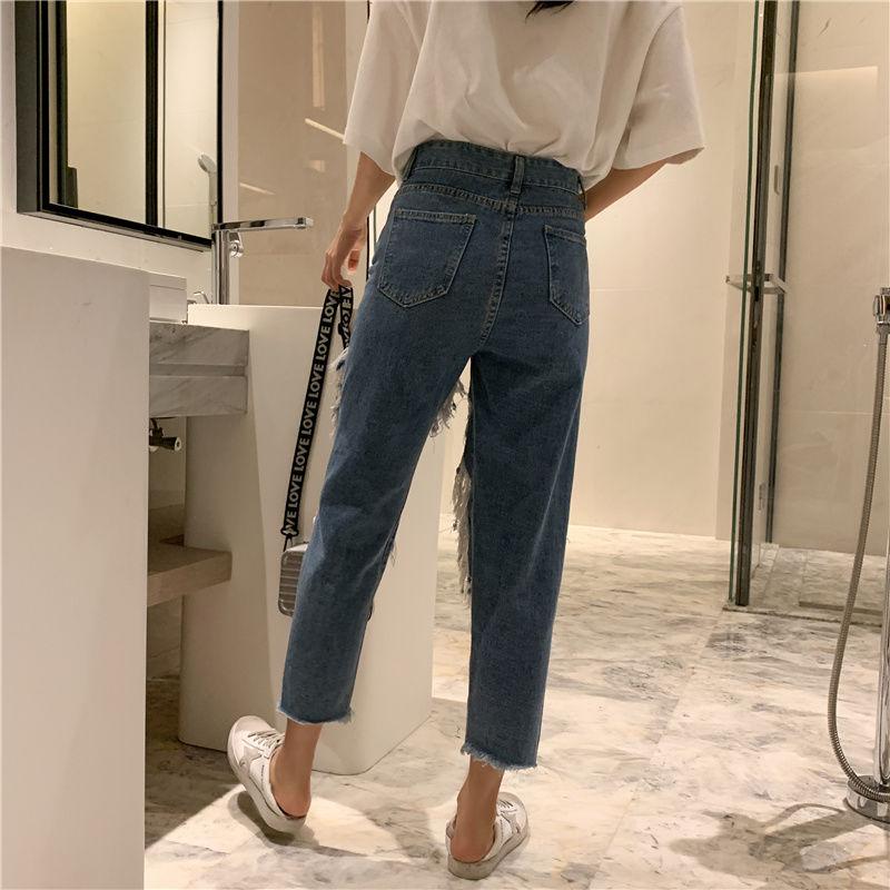 Autumn New Big Hole Large Size Jeans Women's High Waist Loose Wide Leg Pants
