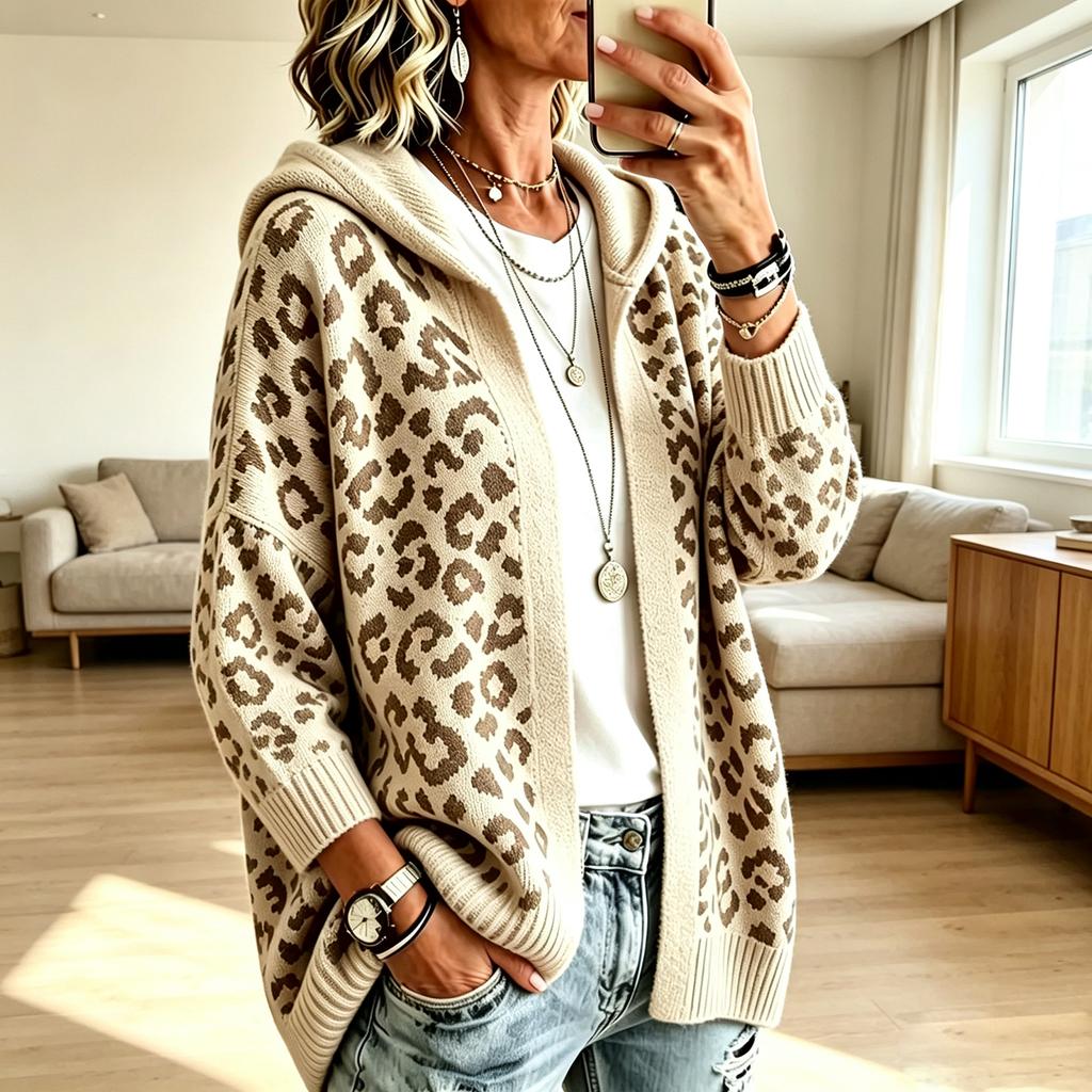 Damen Vintage Kapuzenstrickjacke mit Leopardenmuster, Lockere Passform, Überschnittene Schultern, Lässige Oberbekleidung