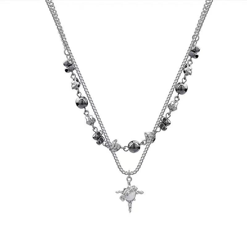 Autumn and winter double-layer blue gravel star light cross necklace female cold wind niche high-end stacked design sweater chain