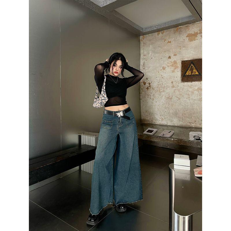 

Brother Nan Loose-Fit Fashion Wide Leg Denim Women s Spring and Summer Plus Size Plus Size Ladies High Waist Loose and Slimming Big Horn Pants Retro Blue L