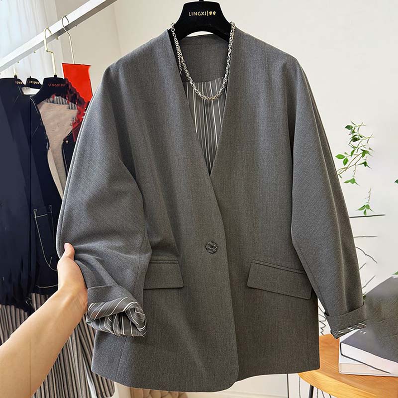 Blazer Coat for Women Cotton Autumn Winter Thickened Casual Oversize Striped Lined V-Neck Blazer Jacket