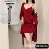 Spring and Summer Sexy Nightdress Lace Temptation V-neck Gathering Ice Silk Suspender Nightdress Backless Chest Pad Suspender Nightdress Set