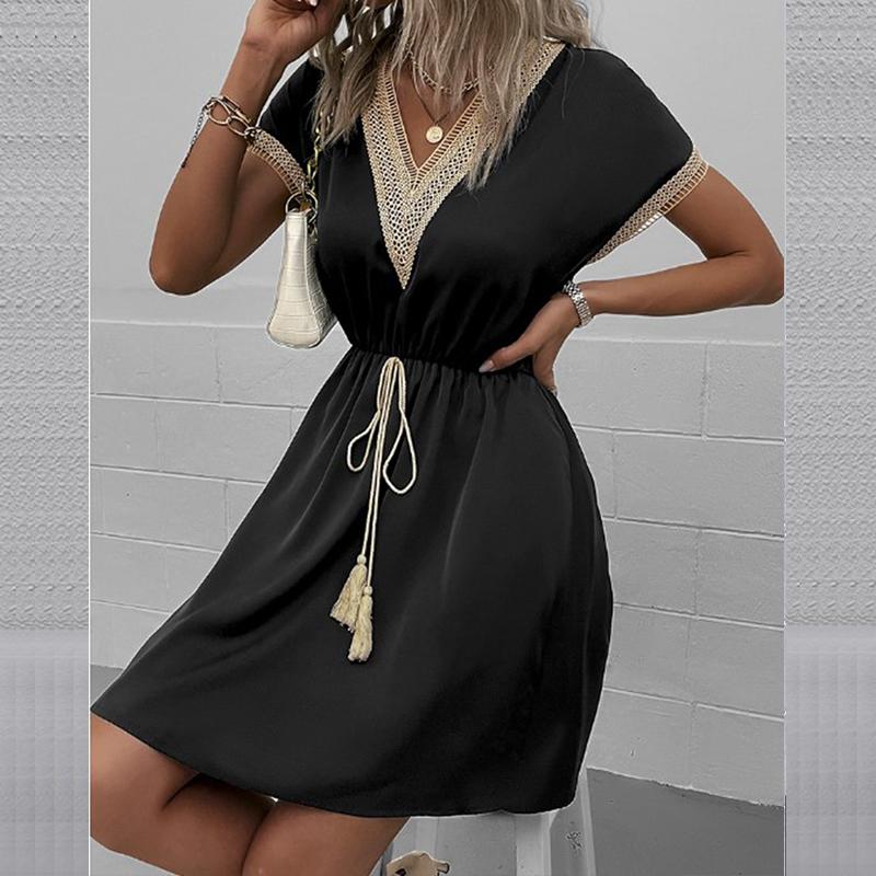 Spring V-Neck Smocked Dress - Lace Trim Short Sleeve Solid