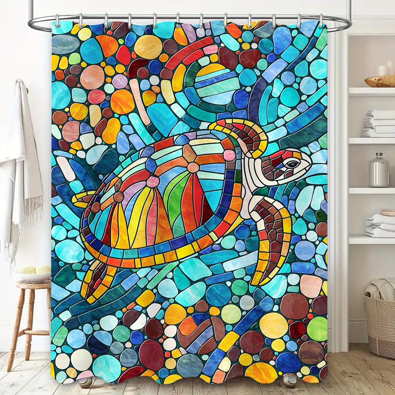 Handmade Mosaic Shower Curtain, Sea Turtle Print, Waterproof Fabric Bath Mat Decor, Multicolor Artistic Stained Glass Design Hom