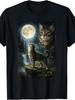 Sjovt Kattekunst Design Kat Hylende til Månen T-shirtRetro Afslappet Kortærmet T-shirt med Rund Hals og Printet Mønster