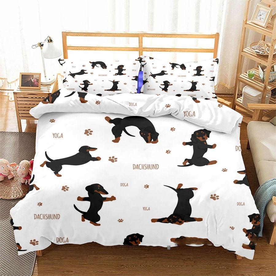 3D Digital Printing Three-Piece Set Cute Funny Dachshund Quilt Cover Pillowcase Bedding