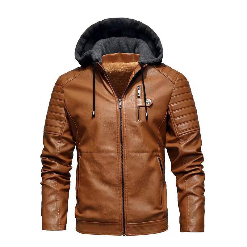 Motorcycle Leather Jacket Autumn and Winter Men s Velvet Thickened Hooded Zipper Leather Jacket Handsome Stand-up Collar Jacket L