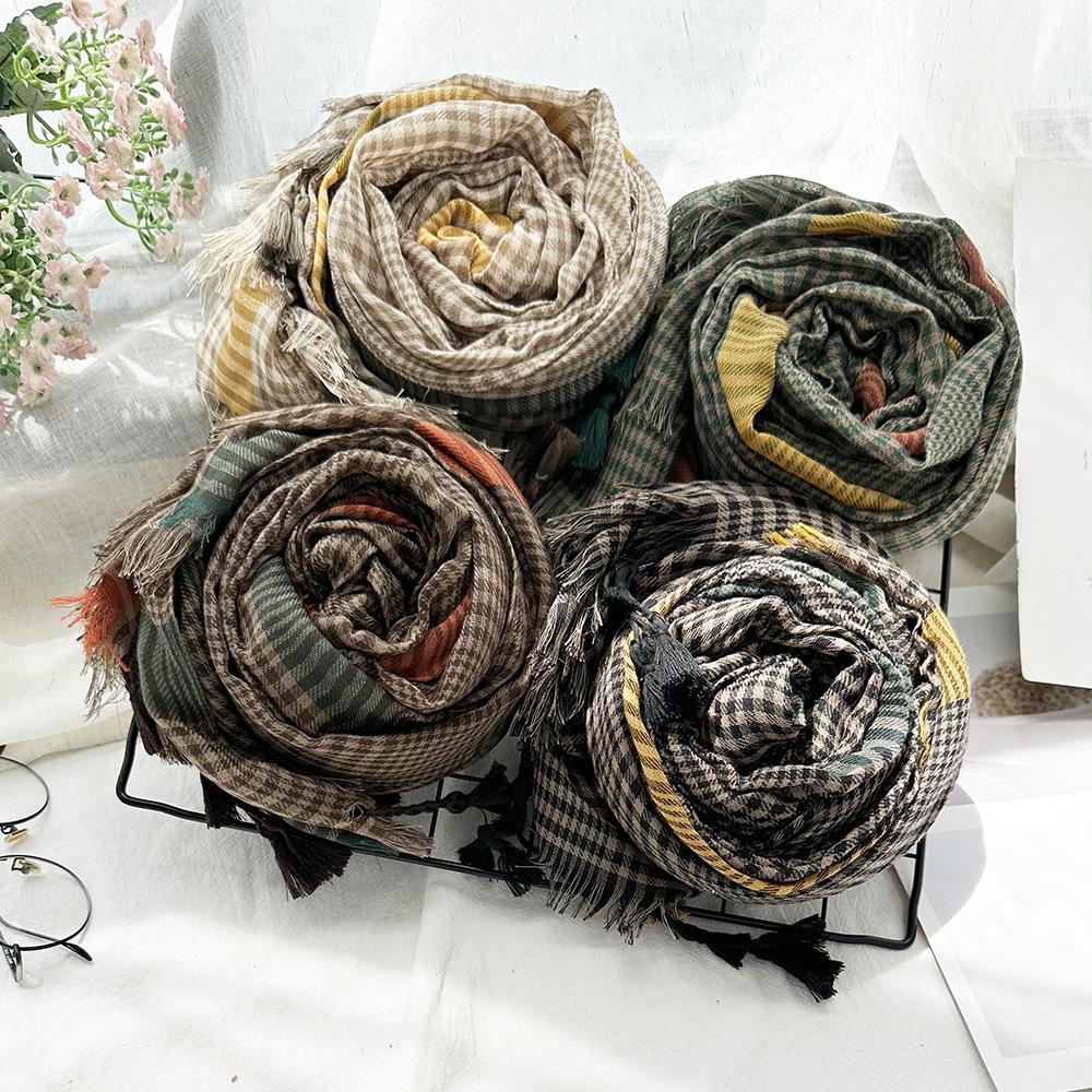 Classic thousand bird grid scarf female, simple style fringed grid silk scarf shawl scarf