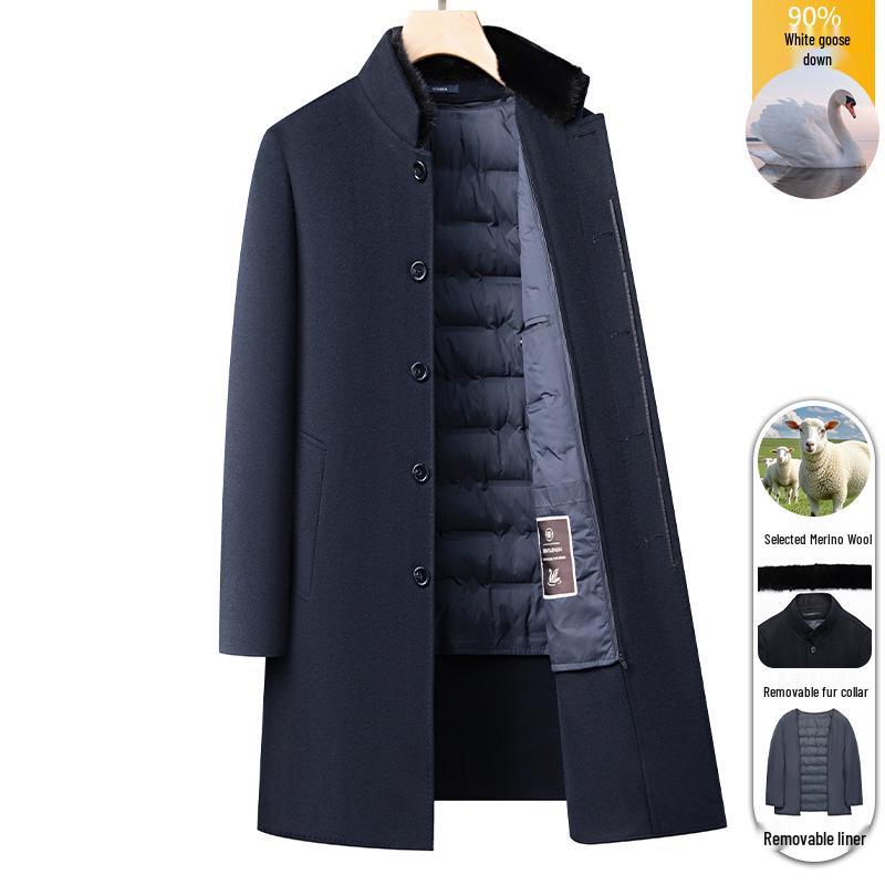 Men's Single-Breasted Stand-Collar Wool Gabardine Trench Coat - Business Casual Long Jacket