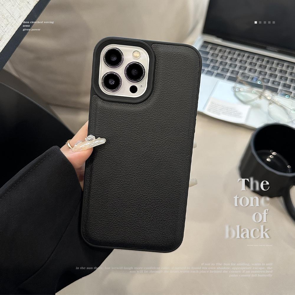 Simple Black Lychee Pattern Suitable for Apple 16 Mobile Phone Case IPhone 14 Promax Personality 11 Leather Pattern 13 High-end
