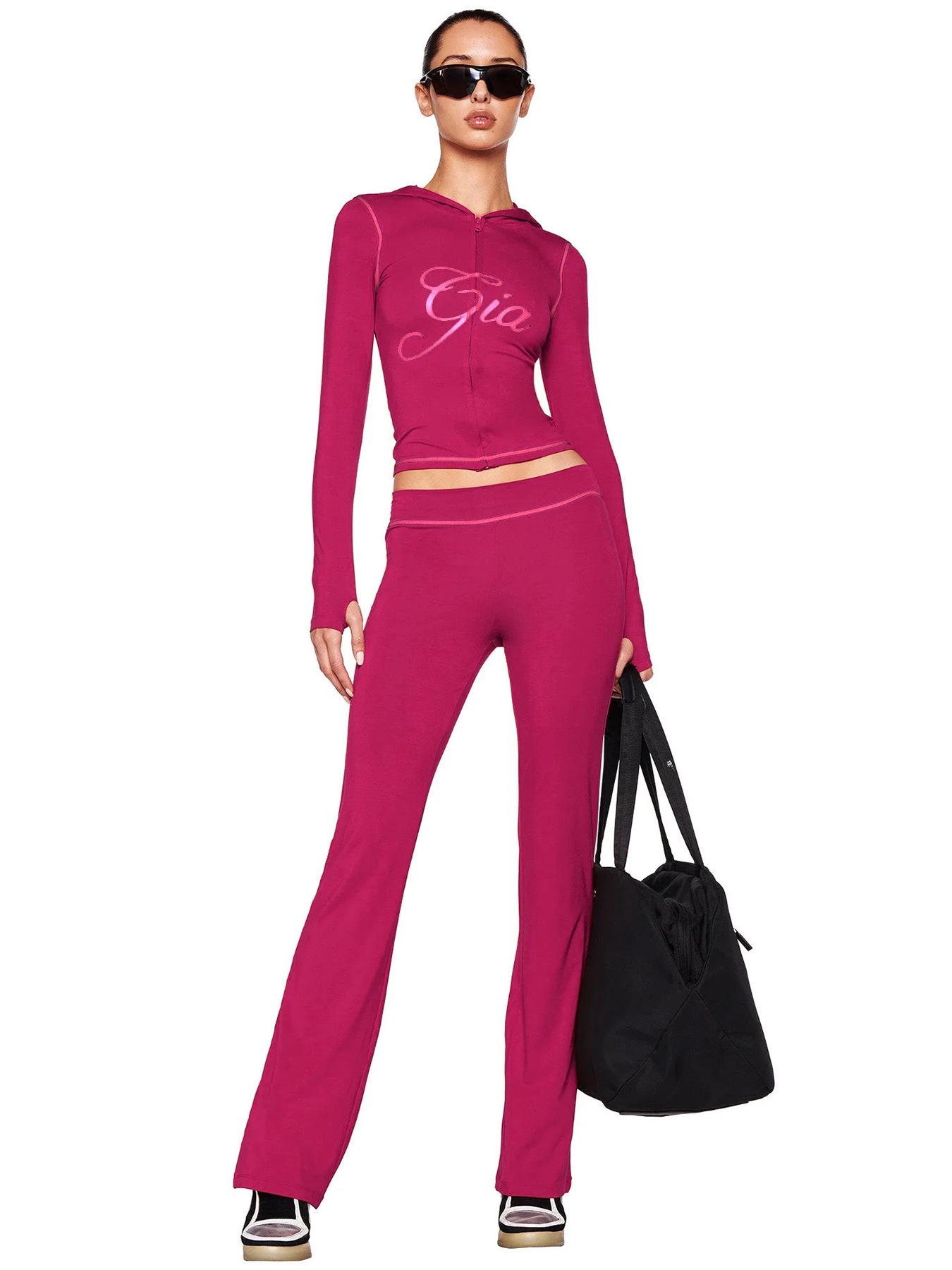 2026 Europäisches & Amerikanisches Damenmode Bedrucktes Kapuzenpullover Daumenloch Micro Flare Zweiteiliges Set XXL rose rot