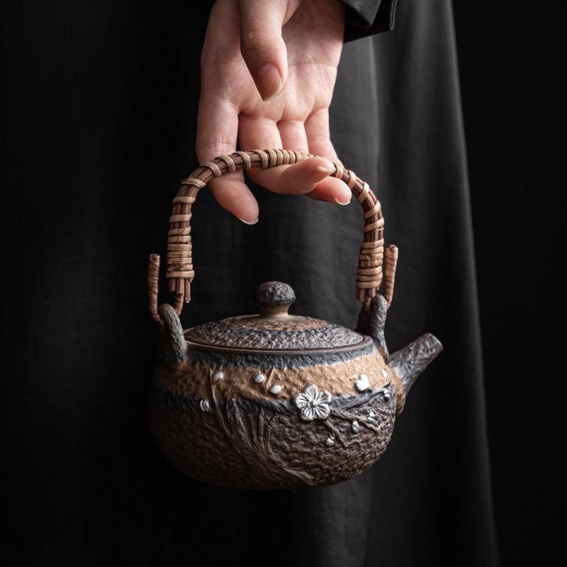 Vintage Japanese Style Rustic Ceramic Tea Kettle / Heating Base - Portable Handle Teapot for Home Use