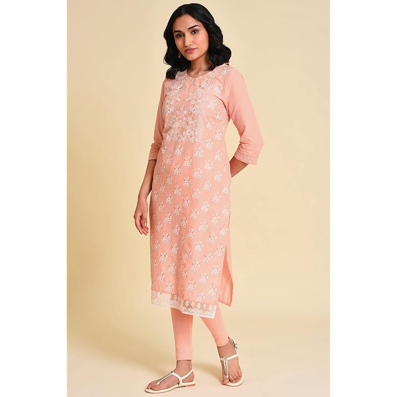 W For Woman Pink Floral Printed Cotton Straight Long Kurta with Glitter Detail 3XL розовый