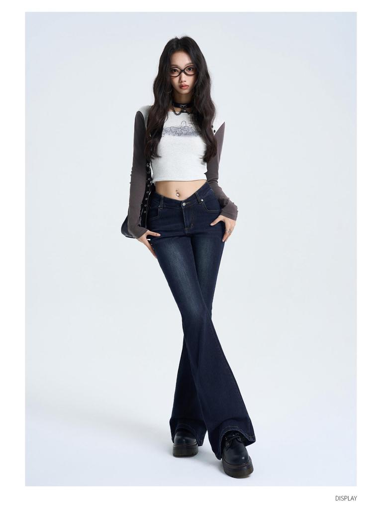 Jeans a zampa retro a vita a V da donna 2025 - Pantaloni a zampa a vita bassa trendy