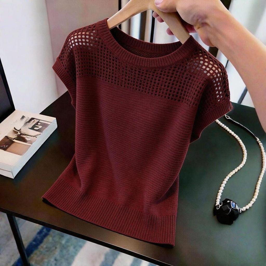 Wine Red Round Neck Hollow Knit Sweater - Stylish Age-Reducing Summer Top for Women 2026