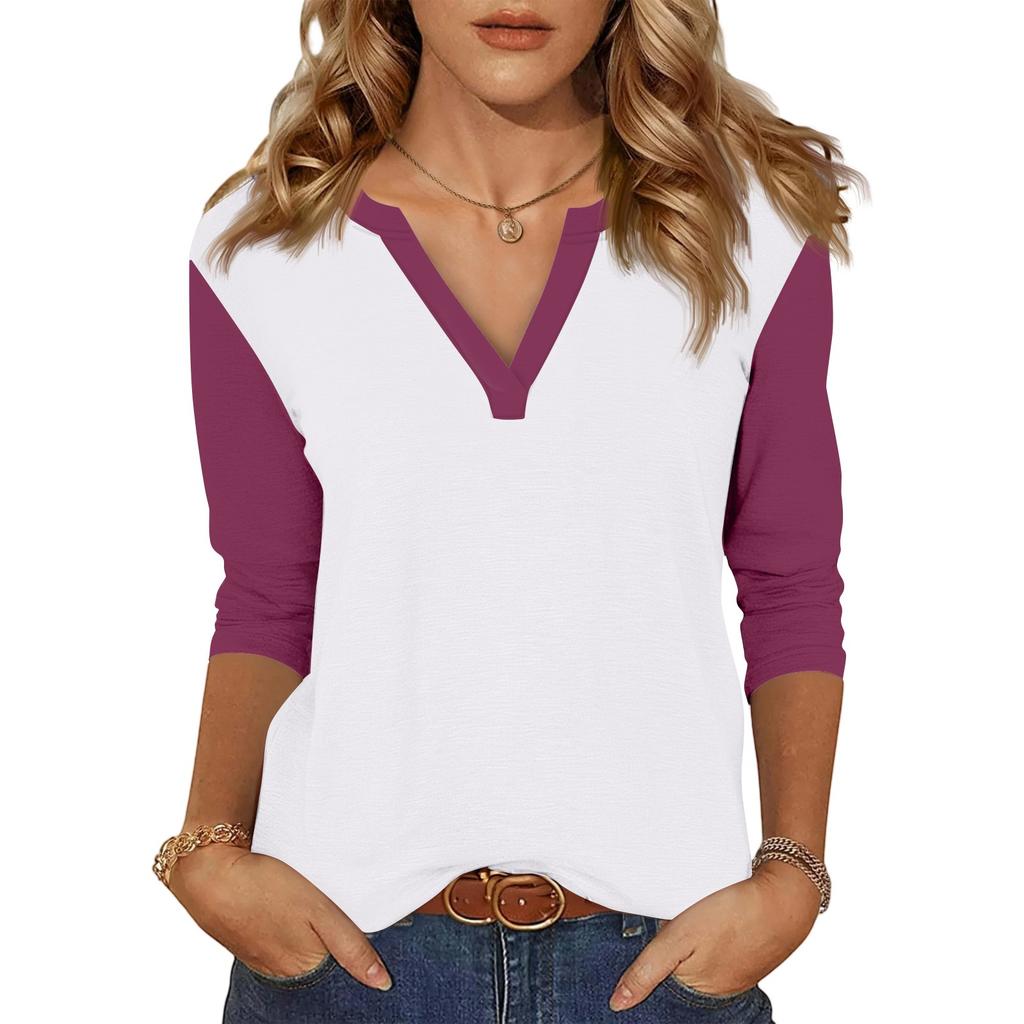 Women's Casual Fashion Sexy Comfortable V-neck Stitching Color Three-quarter Sleeve Top