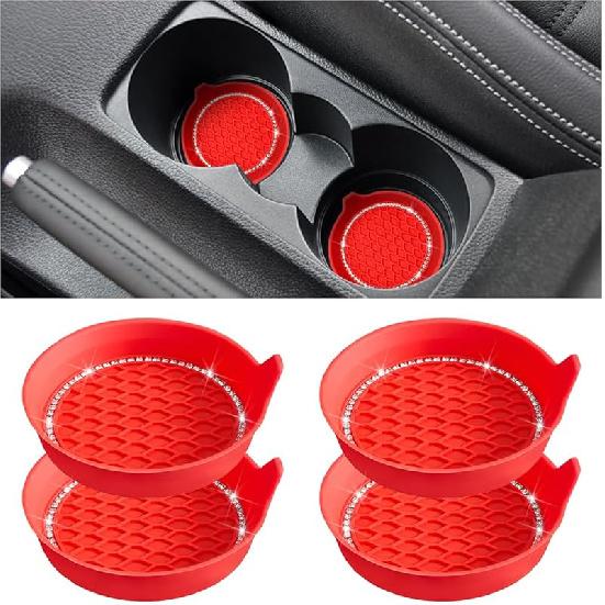 Bling Car Cup Holder Coaster, 4 Pack Universal Ert Coasters With Crystal Rhinestone, Silicone Non-Slip Shockproof Drink Mat, Car Interior Accessories красный