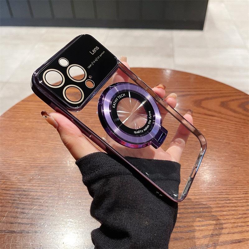 Applicable To Apple 14 Electroplated Large Window Magnetic Suction Bracket Mobile Phone Case IPhone 15 Pro Leak-proof Cover