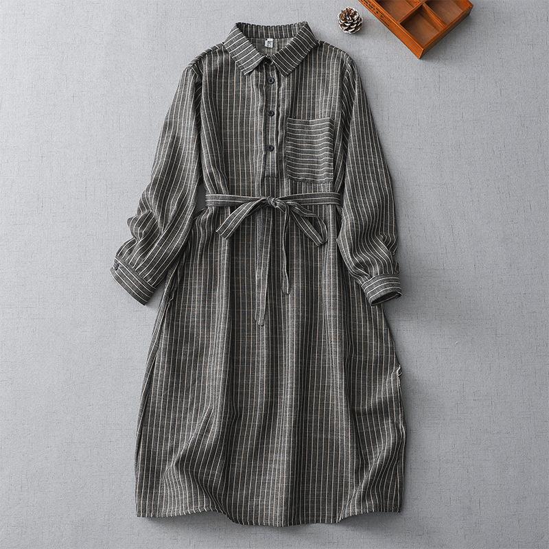 

2025 осень новая европейская повседневная свободная полосатая хлопково-льняная рубашка-платье с длинным рукавом для женщин M серый
