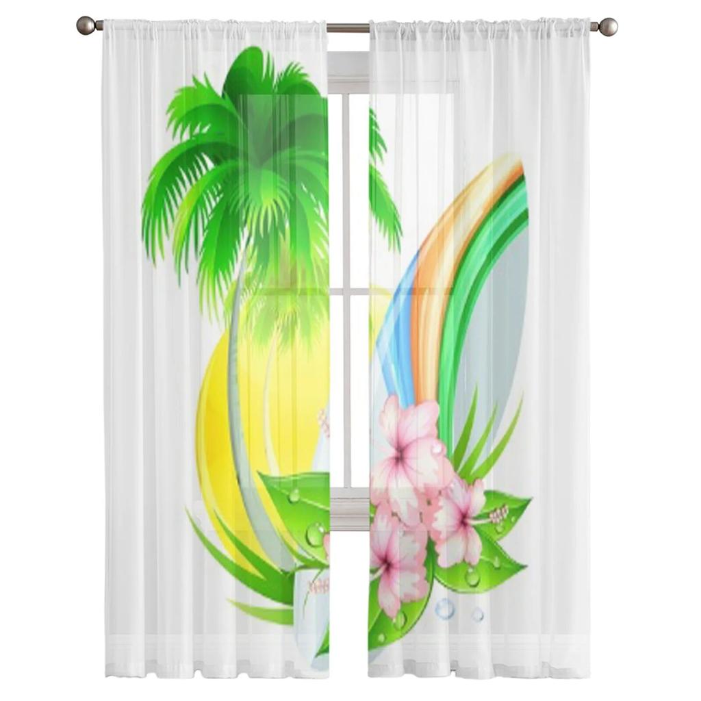 Tende da finestra con palme, fiori di ibisco e tavola da surf per soggiorno, camera da letto da ragazza, tende in tulle, velo da cucina, drappeggi in chiffon