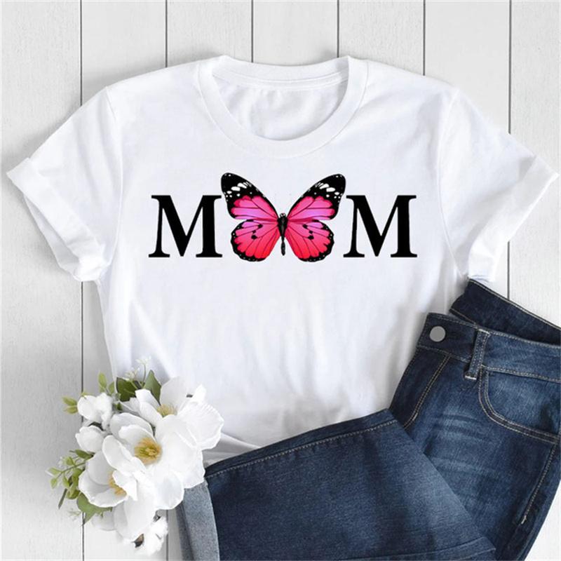 Nové dámské tričko Módní MÁMA Motýl Květinový potisk Tričko Ležérní topy s krátkým rukávem Tričko Dámská trička 90. léta Dámské tričko