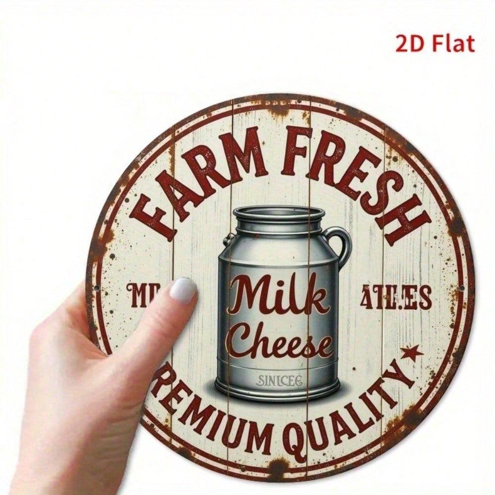 Vintage Round Tin Sign 8x8 Inch Farm Fresh Milk Cheese Retro Metal Plate Wall Art Decor for Kitchen Cafe Bar