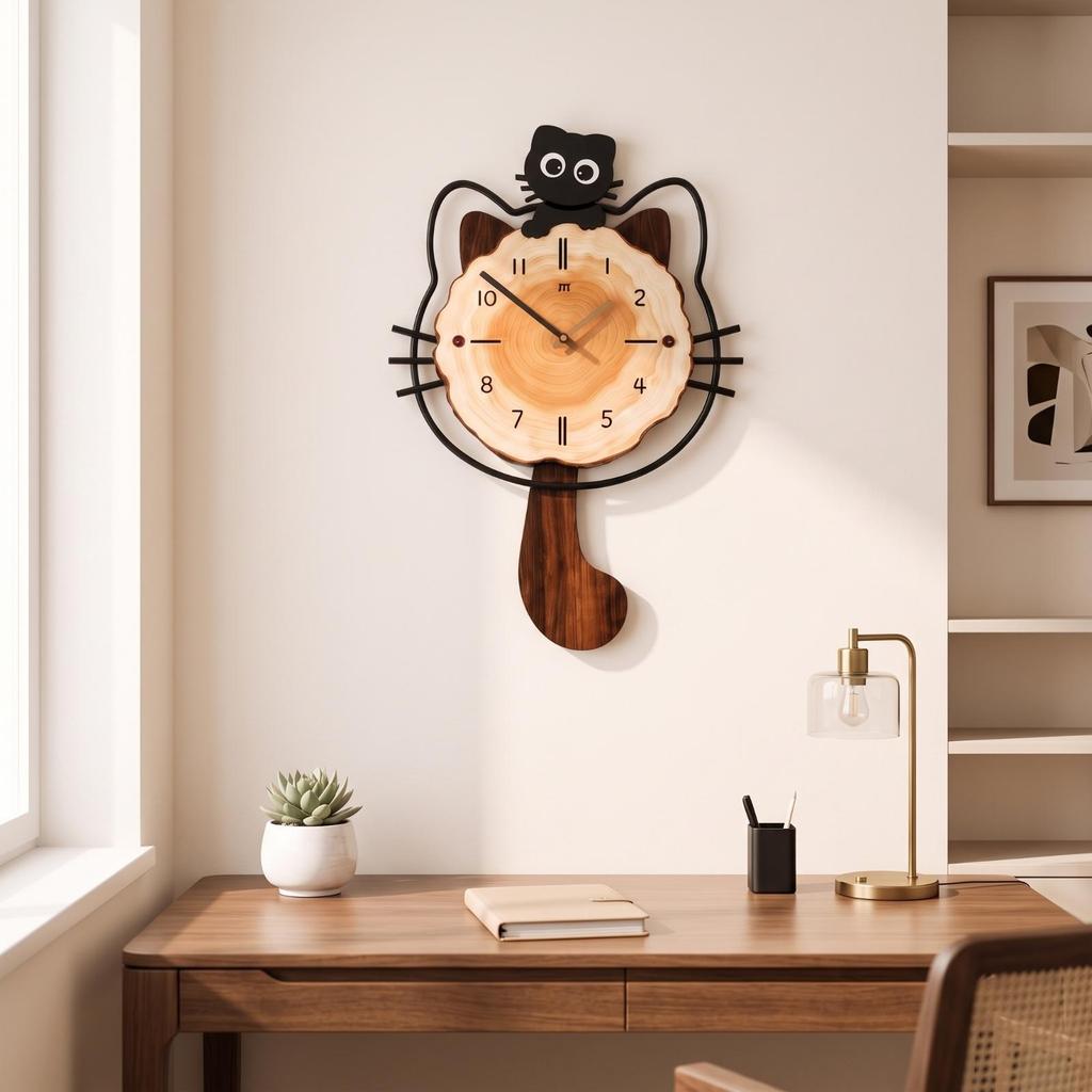 Cat-Shaped Wall Clock Modern-Vintage Cat Decorative for Living Room
