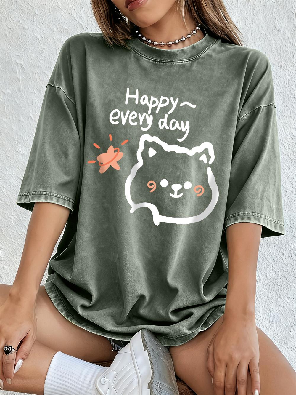 

Happy Every Day Cartoon Bear Cotton Washed TShirts Womens Summer Casual Oversized TShirt Comfortable Distressed ONeck Tops S