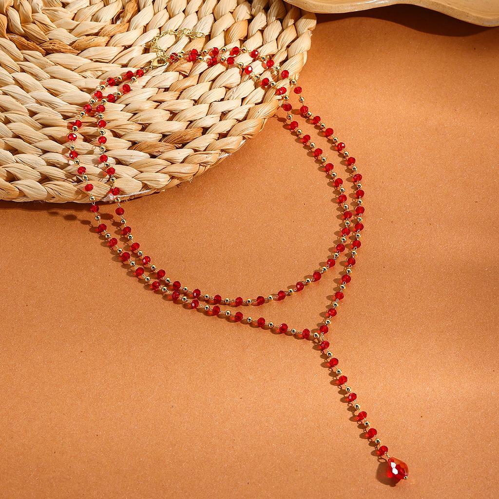 Necklace for Women Necklace Beaded Tassel Handmade Beaded Double Layers Red Crystal Premium Sense Collarbone Necklace Women Elegant Necklace